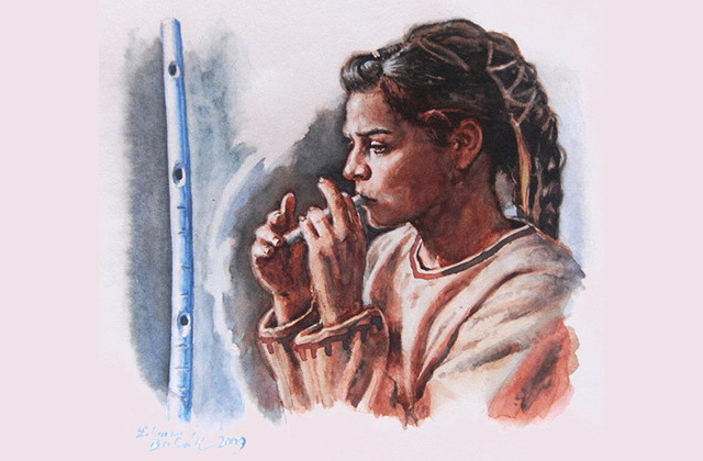 Hvordan en kunstner forestiller seg en fløytespillende kvinne fra Aurignacienkulturen.