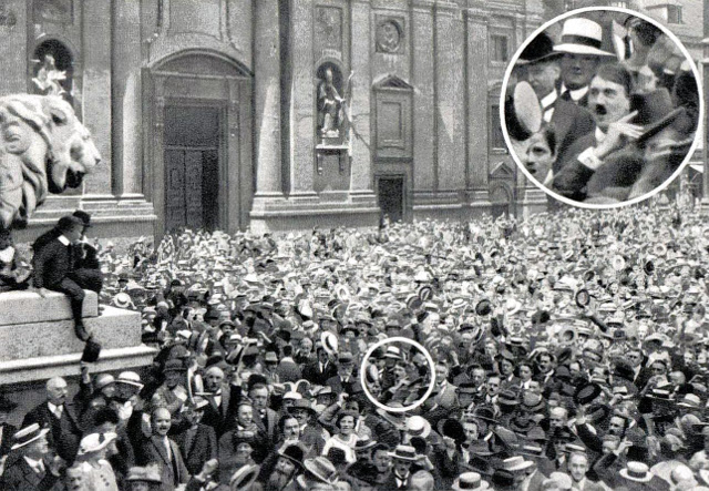 640px-A young Hitler cheers the start of World War One, 1914
