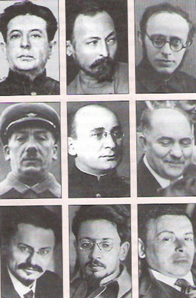 Jødiske bolsjeviker: Lev Mekhlis, Felix Dzerzhinsky, Karl Radek, Genrikh Yagoda, Lavrenti Beria, Lazar Kaganovich, Leon Trotsky, Yakov Sverdlov, Bela Kun