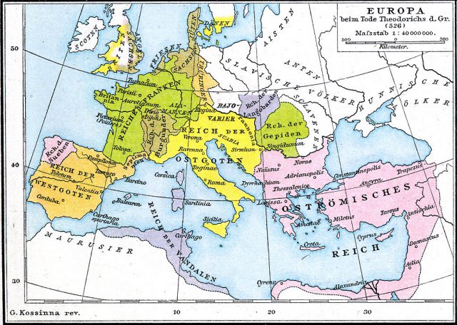 Kart over Europa ved Teoderik den stores død år 526. Det gule er Østgoternes rike.